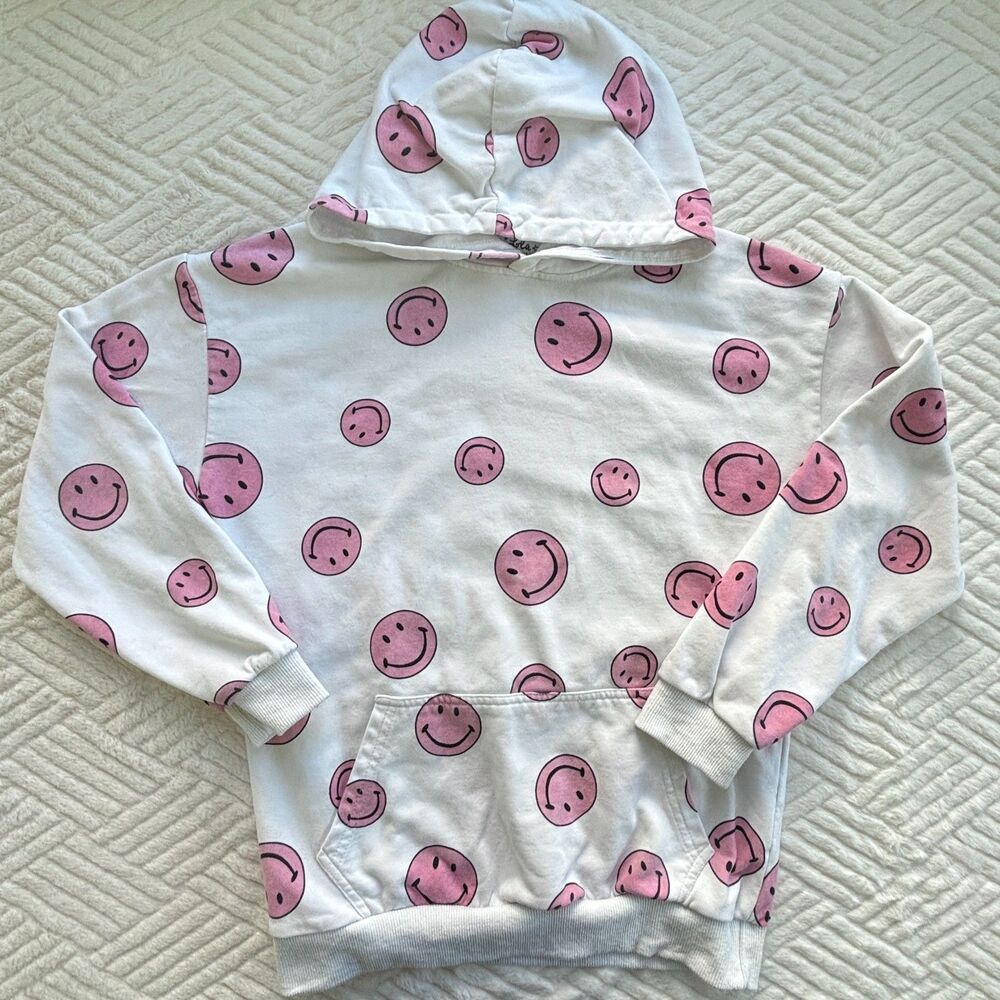 Lola + The Boys Girls Size 14 Pink Smiley Face White Pullover Hoodie Cotton